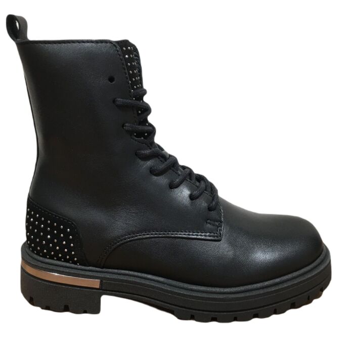 H1138 zwart A. leren veterboot met strass steentje